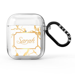 Personalised Gold White Marble & Name AirPods Case