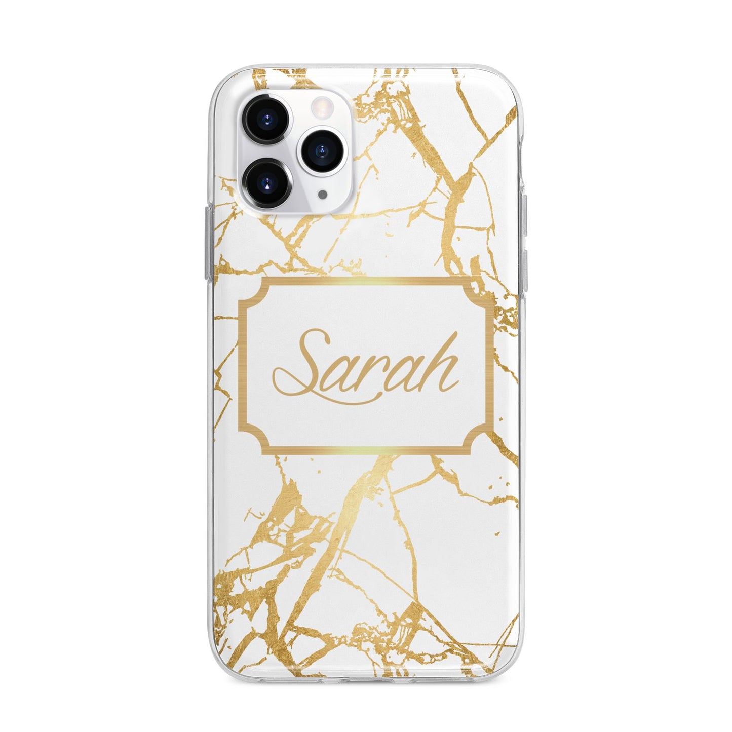 Personalised Gold White Marble Name Apple iPhone 11 Pro Max in Silver with Bumper Case