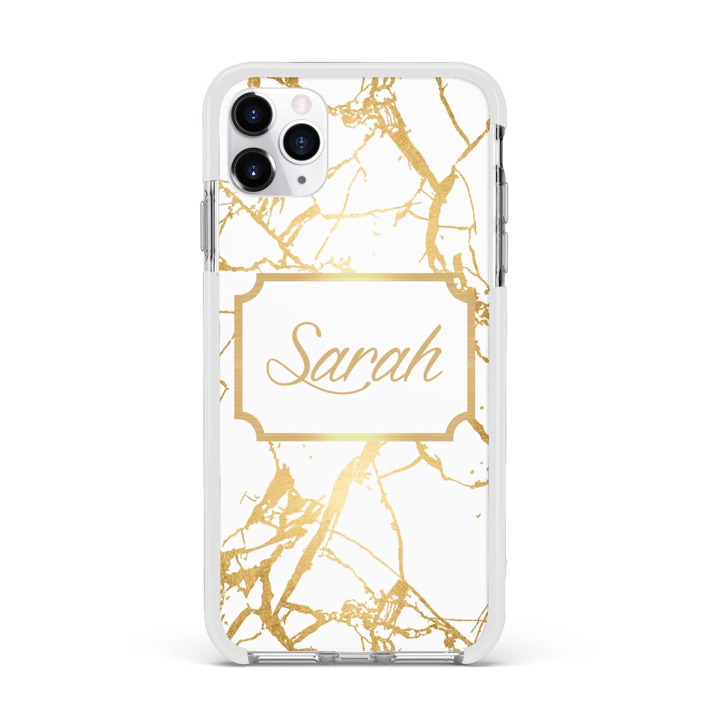 Personalised Gold White Marble Name Apple iPhone 11 Pro Max in Silver with White Impact Case
