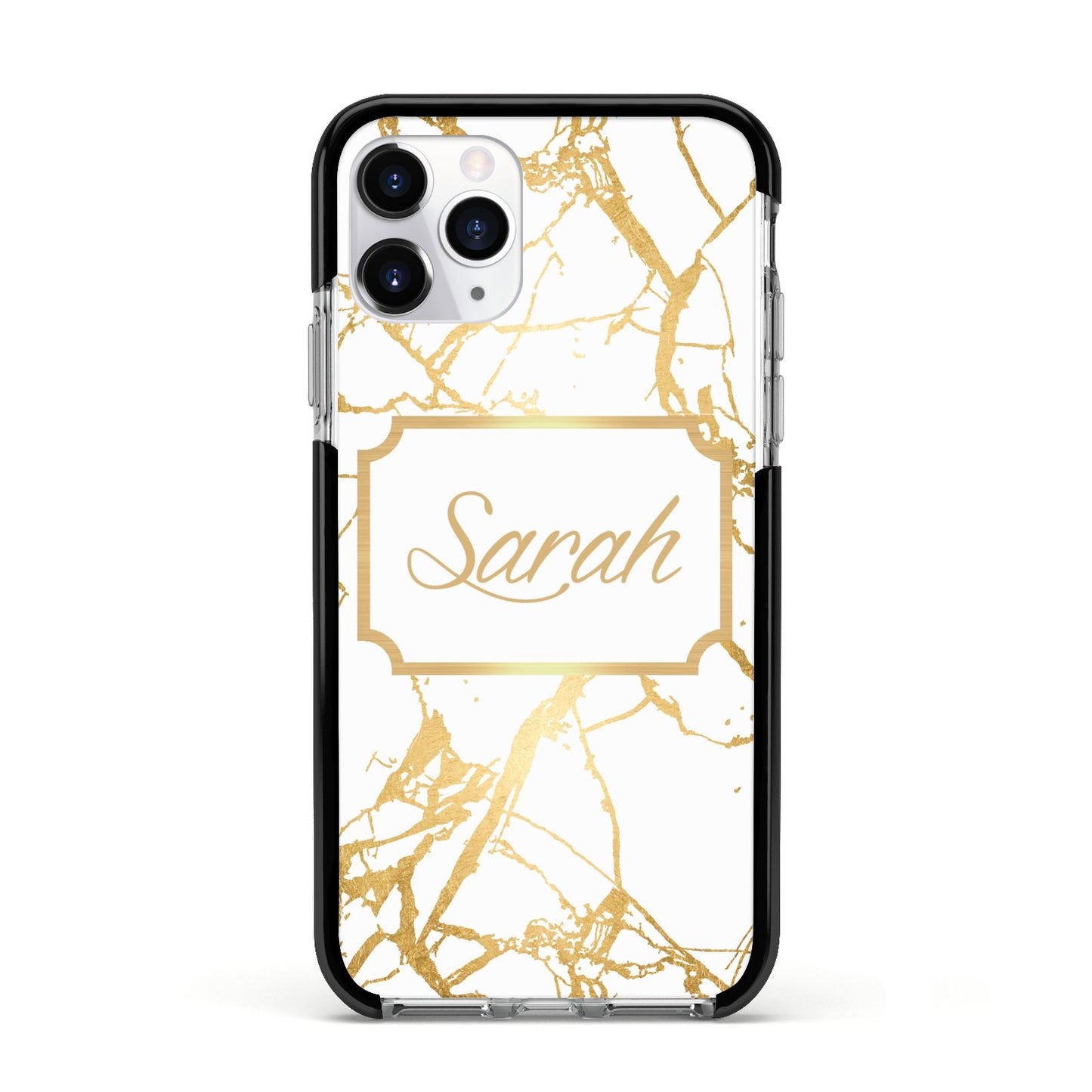Personalised Gold White Marble Name Apple iPhone 11 Pro in Silver with Black Impact Case