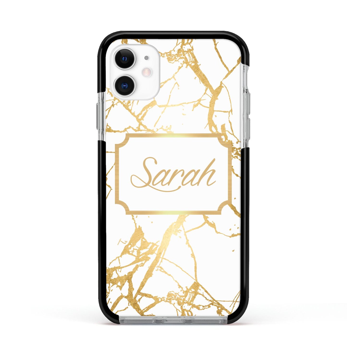 Personalised Gold White Marble Name Apple iPhone 11 in White with Black Impact Case