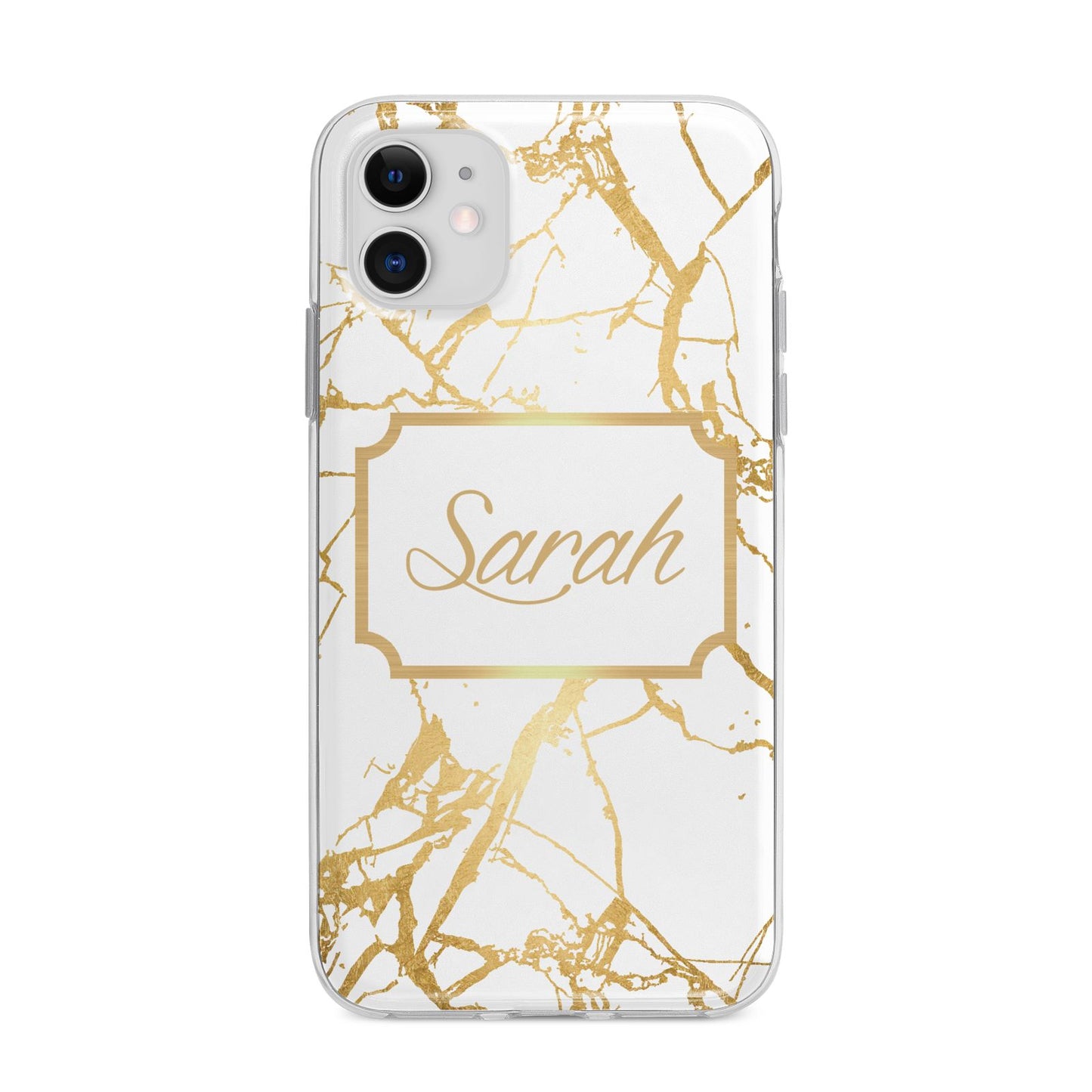 Personalised Gold White Marble Name Apple iPhone 11 in White with Bumper Case
