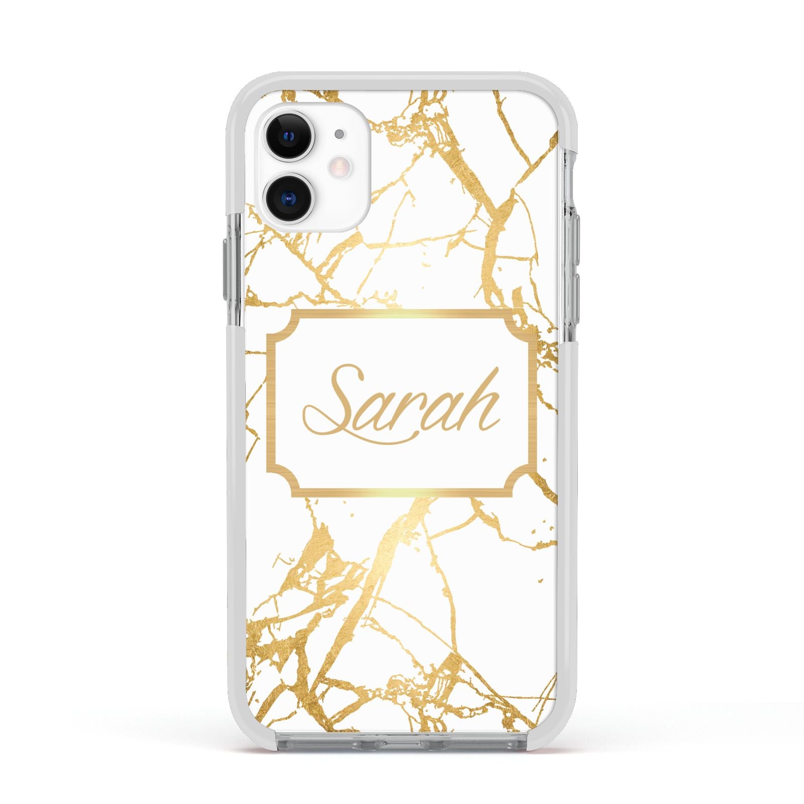 Personalised Gold White Marble Name Apple iPhone 11 in White with White Impact Case