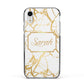 Personalised Gold White Marble Name Apple iPhone XR Impact Case Black Edge on Silver Phone