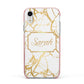 Personalised Gold White Marble Name Apple iPhone XR Impact Case Pink Edge on Silver Phone