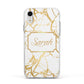 Personalised Gold White Marble Name Apple iPhone XR Impact Case White Edge on Silver Phone
