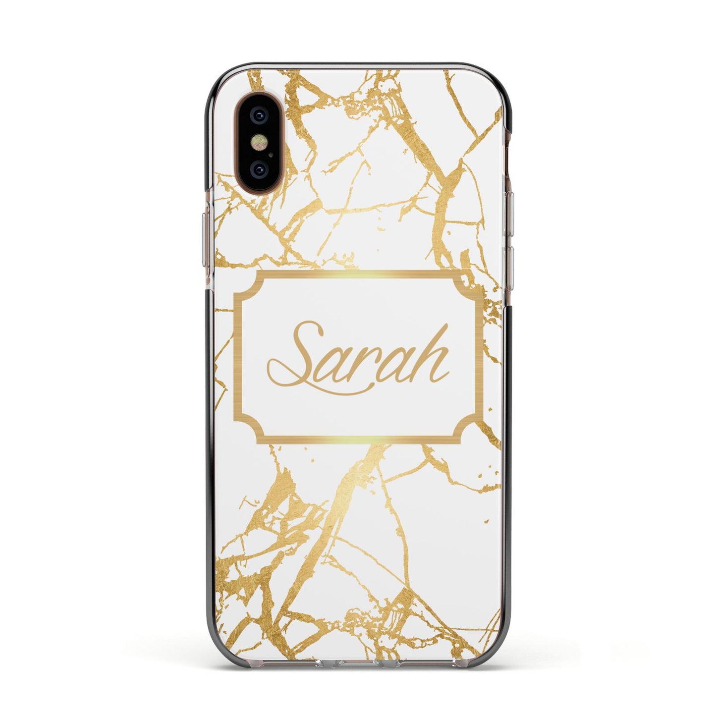 Personalised Gold White Marble Name Apple iPhone Xs Impact Case Black Edge on Gold Phone