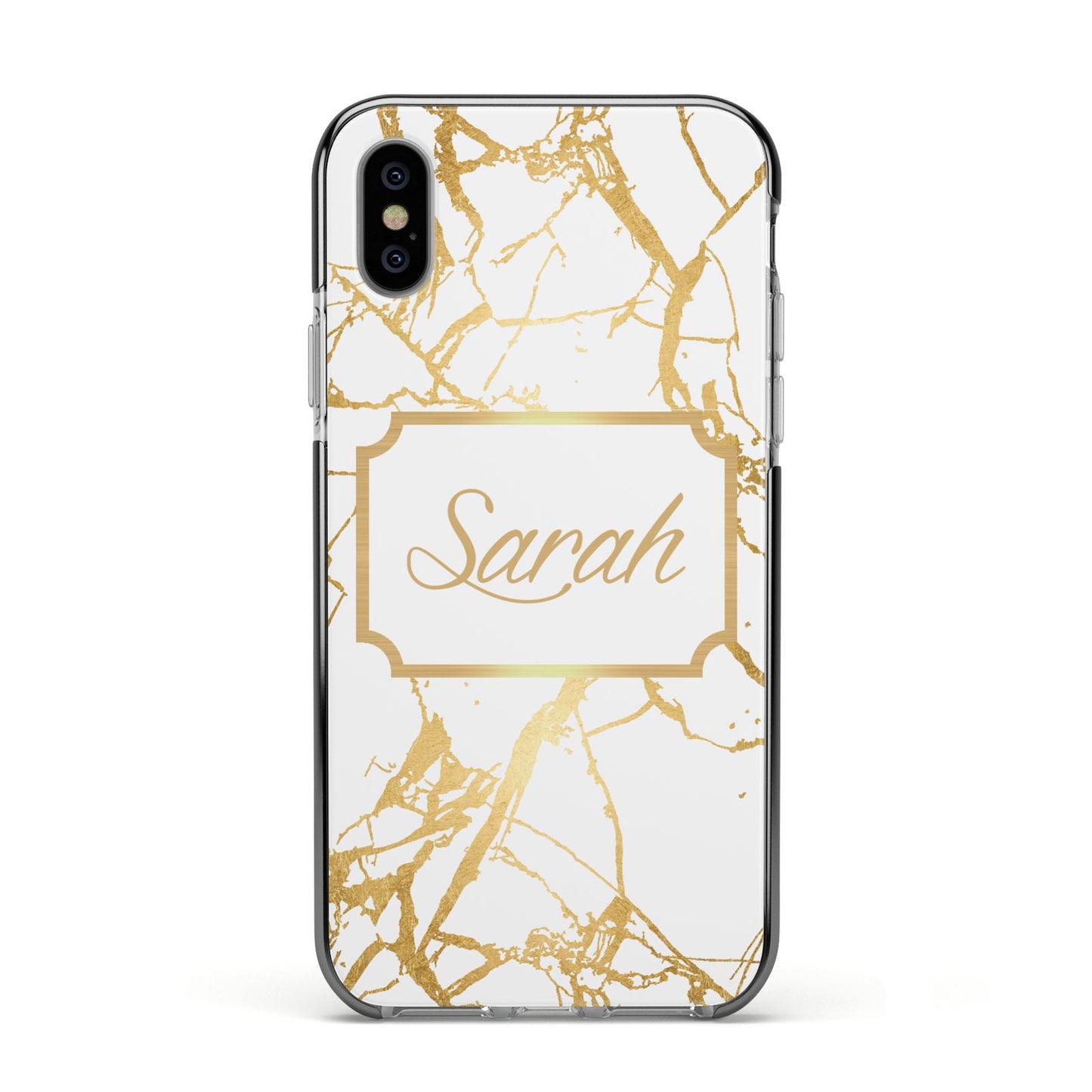 Personalised Gold White Marble Name Apple iPhone Xs Impact Case Black Edge on Silver Phone