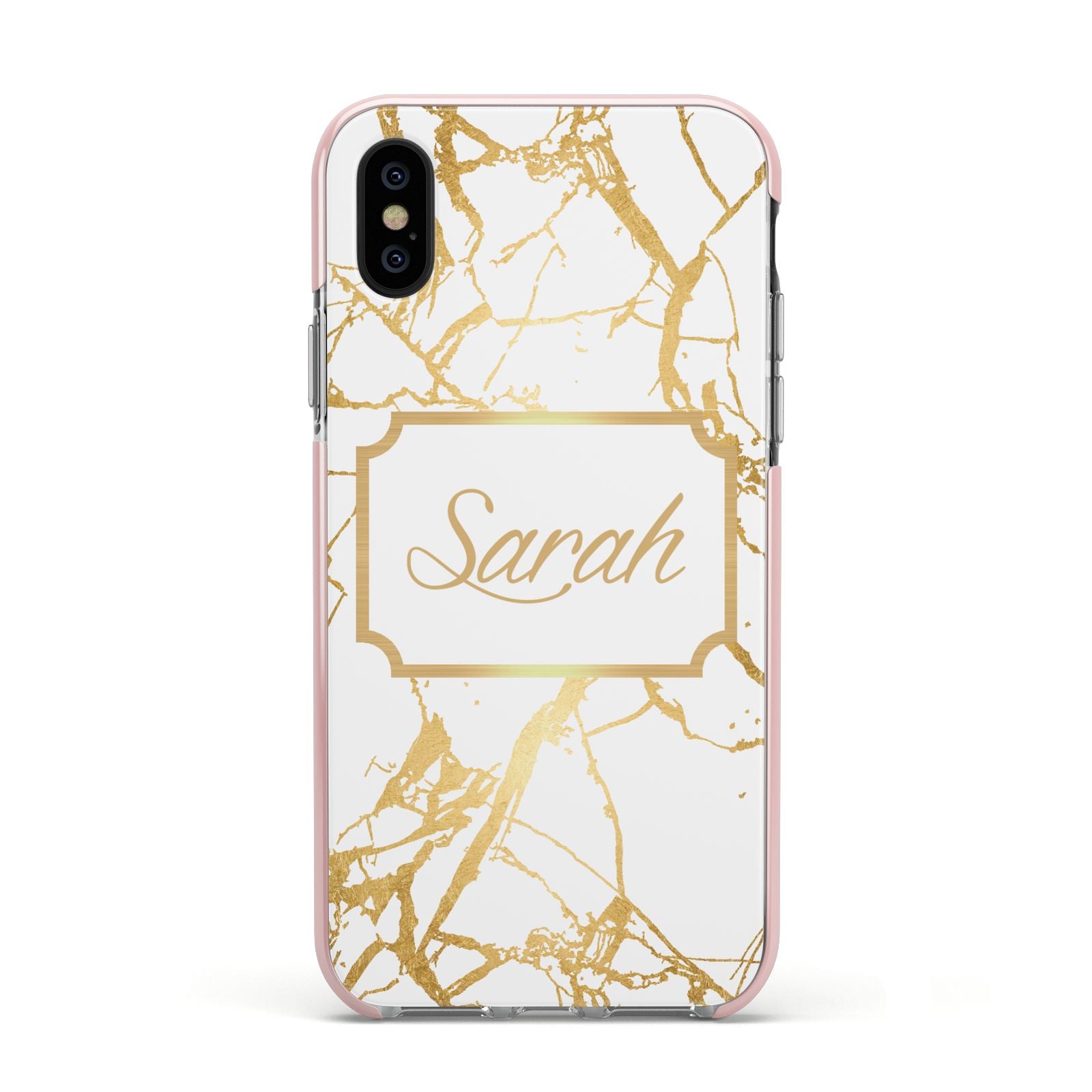 Personalised Gold White Marble Name Apple iPhone Xs Impact Case Pink Edge on Black Phone