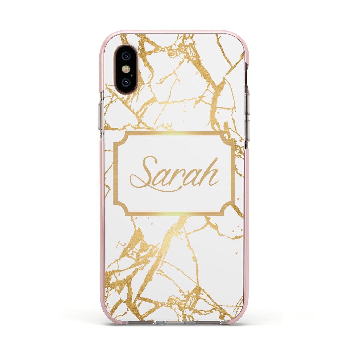 Personalised Gold White Marble Name Apple iPhone Xs Impact Case Pink Edge on Gold Phone