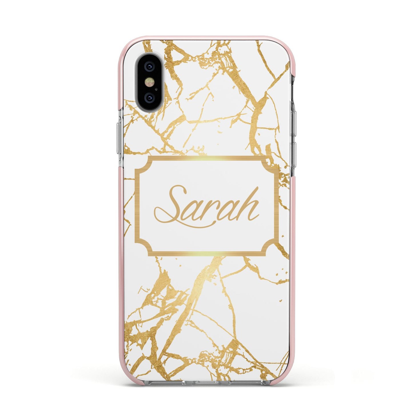 Personalised Gold White Marble Name Apple iPhone Xs Impact Case Pink Edge on Silver Phone
