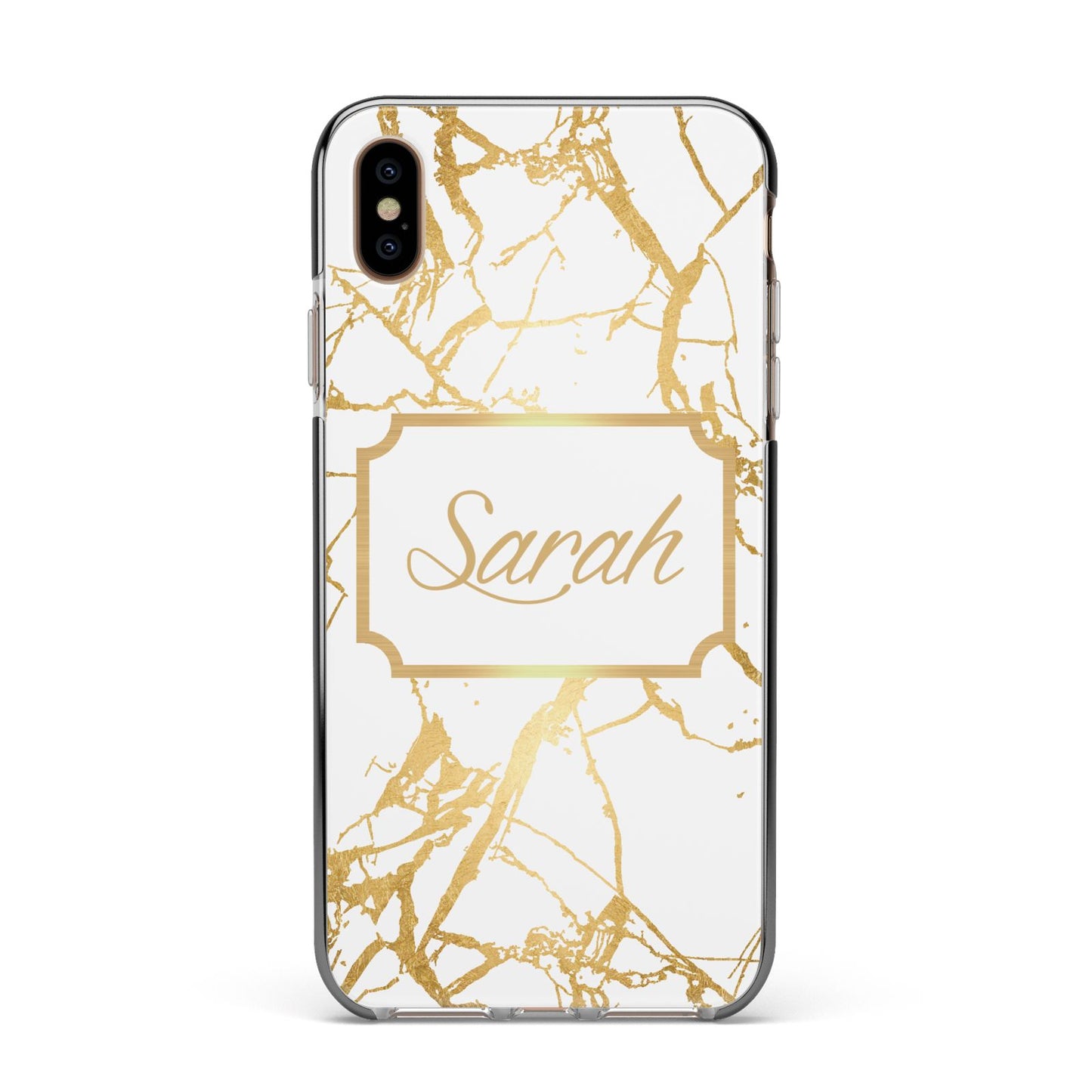Personalised Gold White Marble Name Apple iPhone Xs Max Impact Case Black Edge on Gold Phone