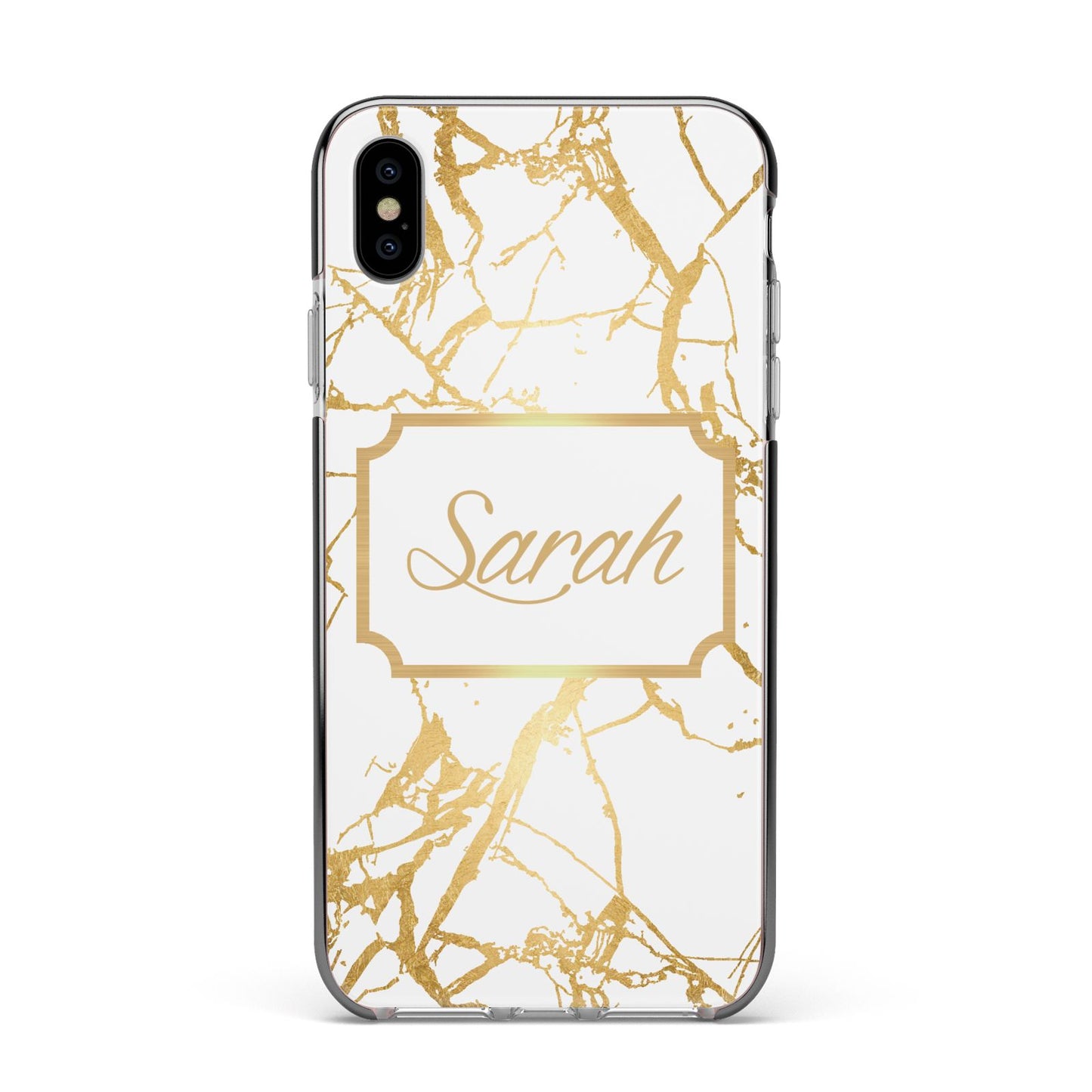 Personalised Gold White Marble Name Apple iPhone Xs Max Impact Case Black Edge on Silver Phone