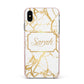 Personalised Gold White Marble Name Apple iPhone Xs Max Impact Case Pink Edge on Black Phone