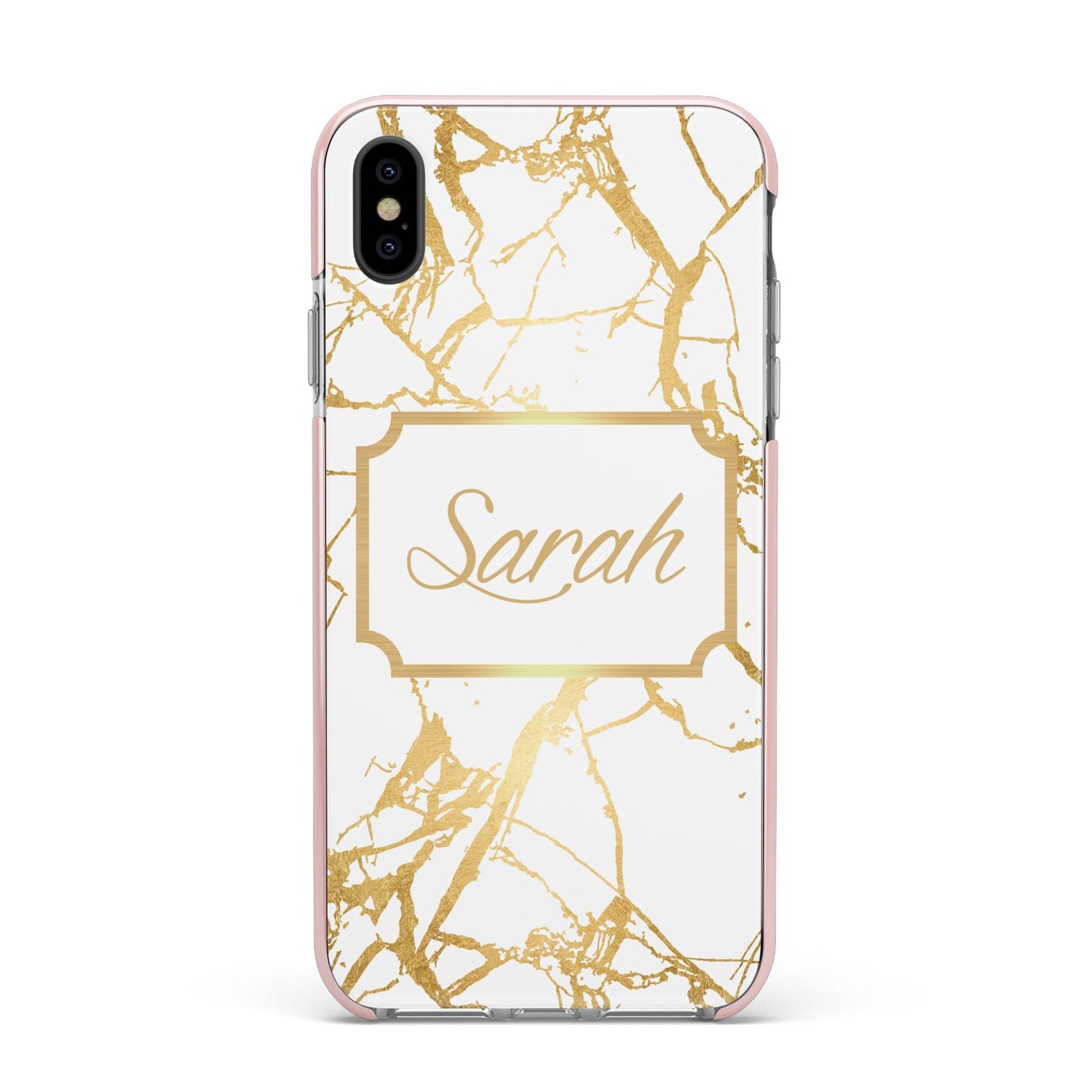 Personalised Gold White Marble Name Apple iPhone Xs Max Impact Case Pink Edge on Black Phone