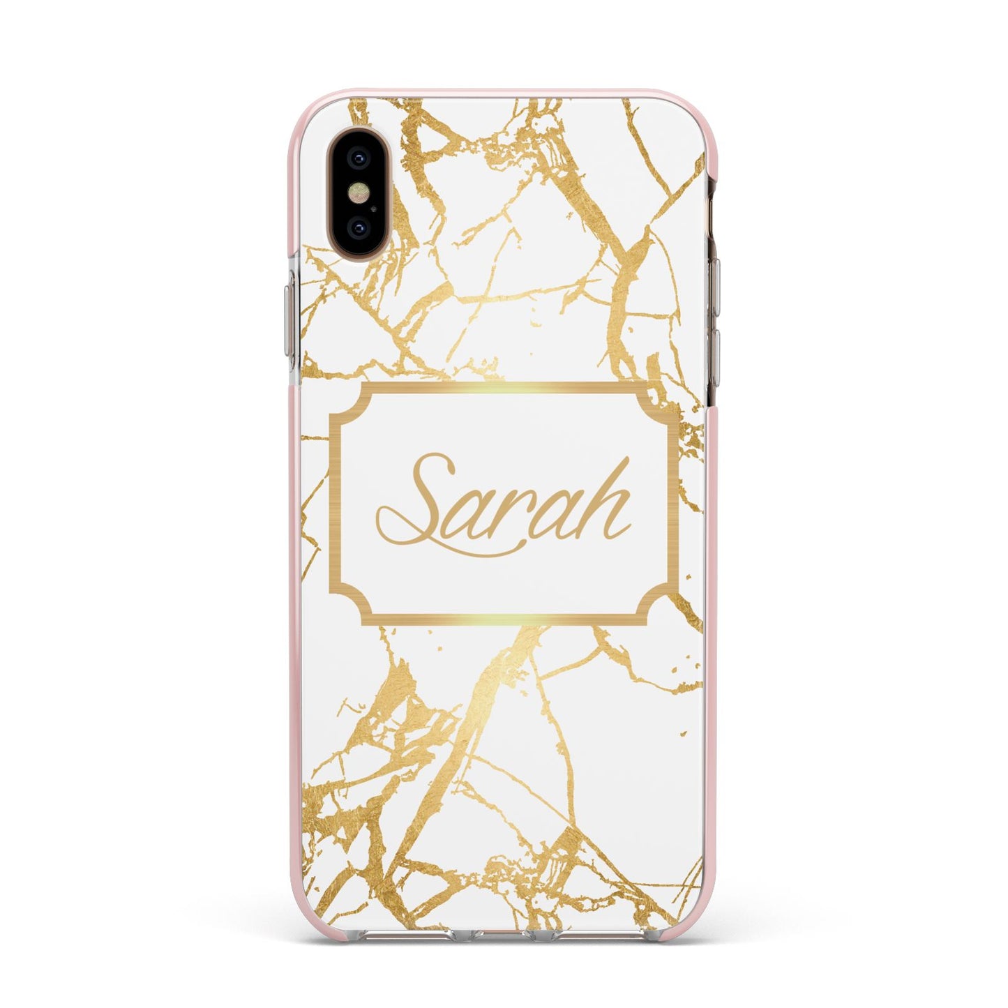 Personalised Gold White Marble Name Apple iPhone Xs Max Impact Case Pink Edge on Gold Phone