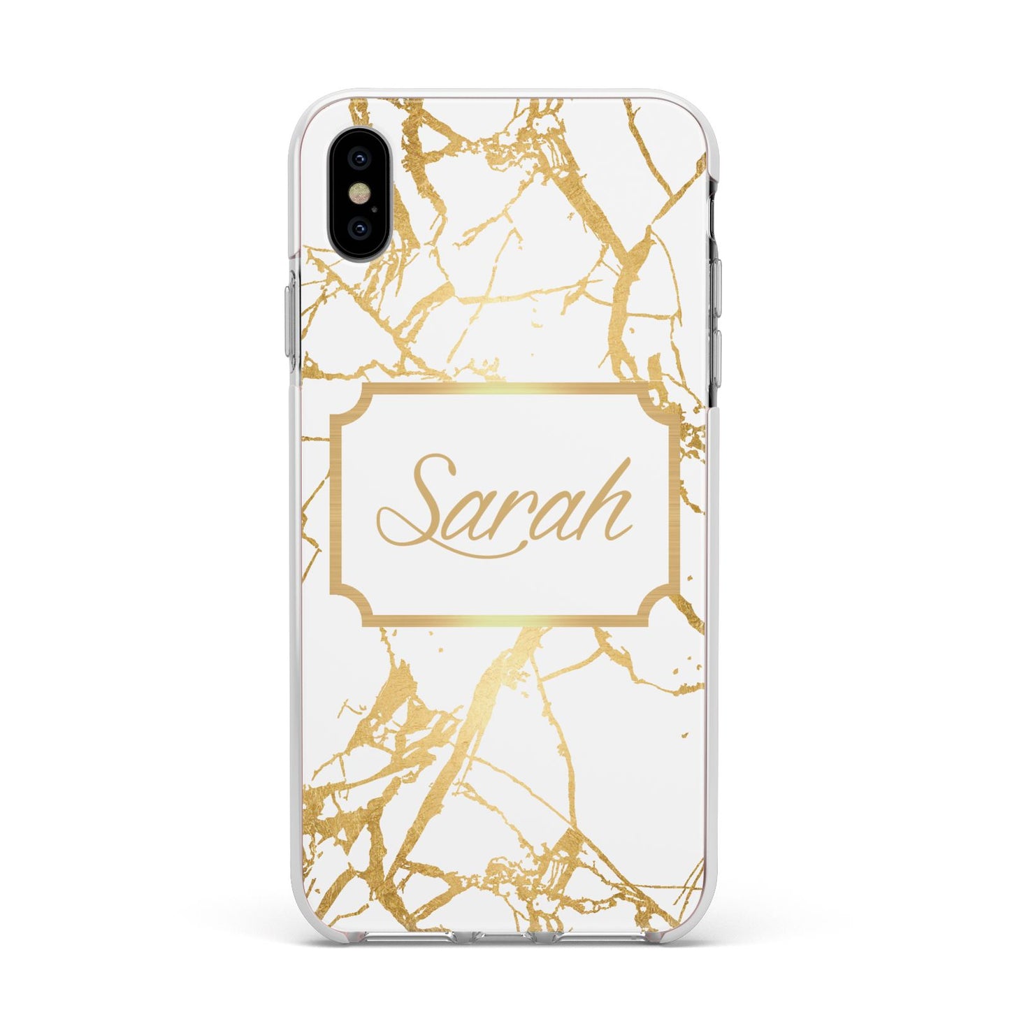 Personalised Gold White Marble Name Apple iPhone Xs Max Impact Case White Edge on Silver Phone