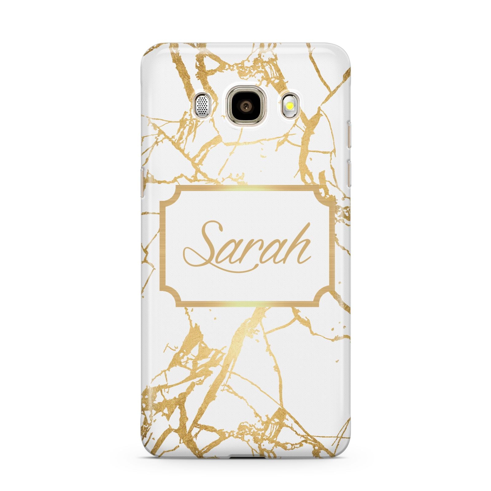 Personalised Gold White Marble Name Samsung Galaxy J7 2016 Case on gold phone