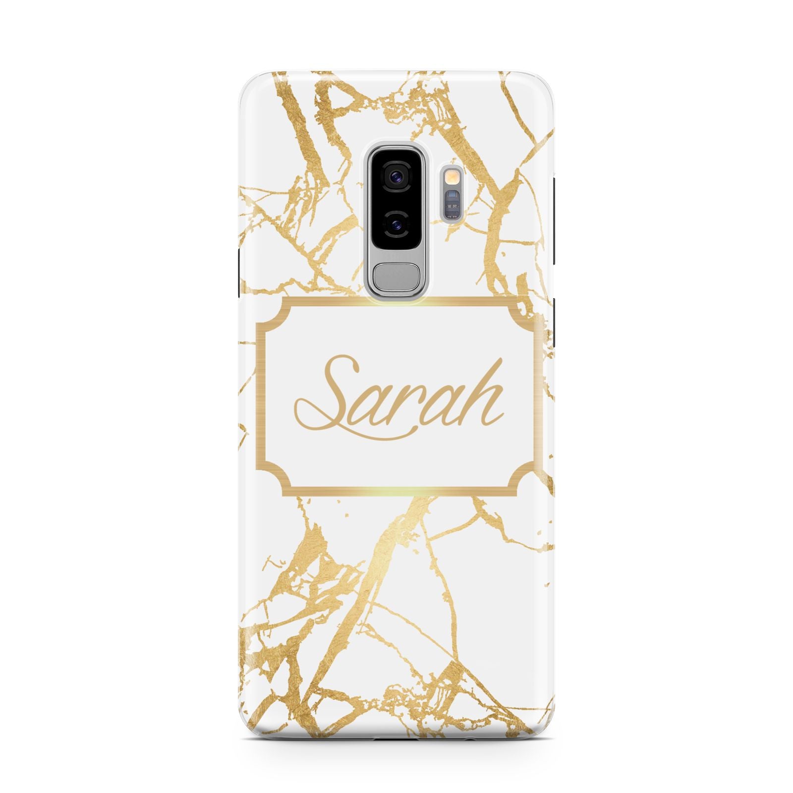 Personalised Gold White Marble Name Samsung Galaxy S9 Plus Case on Silver phone