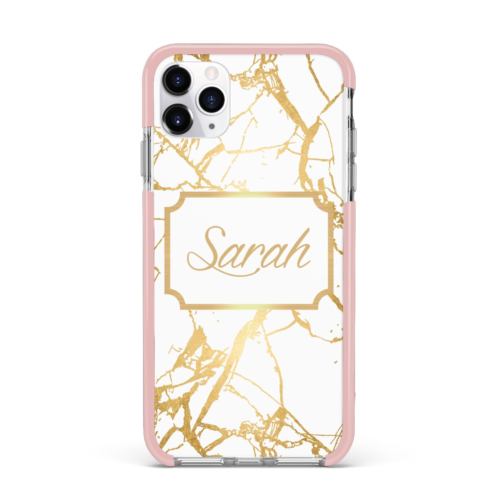 Personalised Gold White Marble Name iPhone 11 Pro Max Impact Pink Edge Case