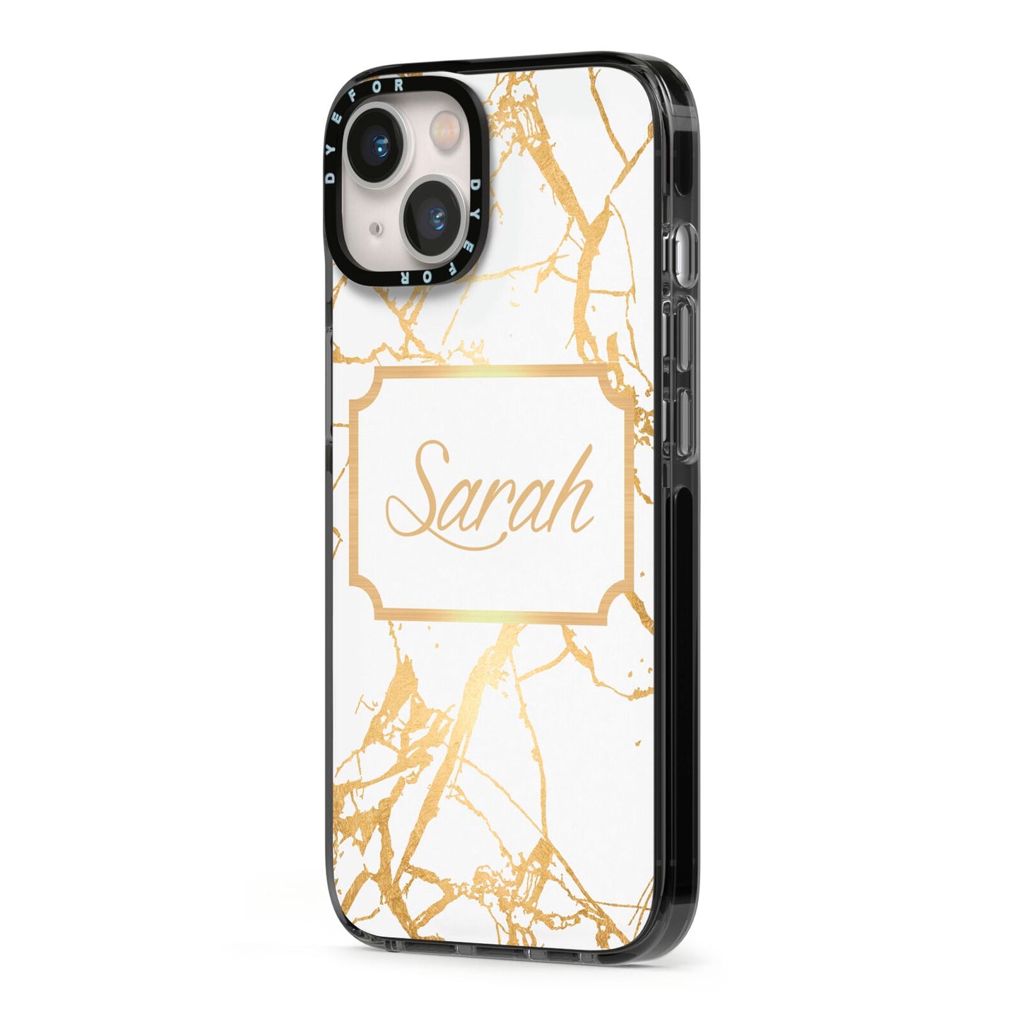 Personalised Gold White Marble Name iPhone 13 Black Impact Case Side Angle on Silver phone