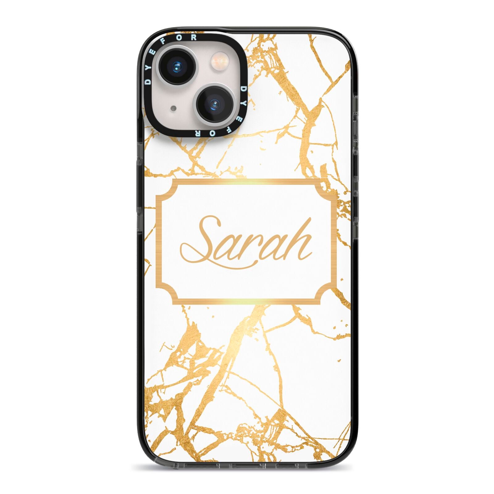Personalised Gold White Marble Name iPhone 13 Black Impact Case on Silver phone