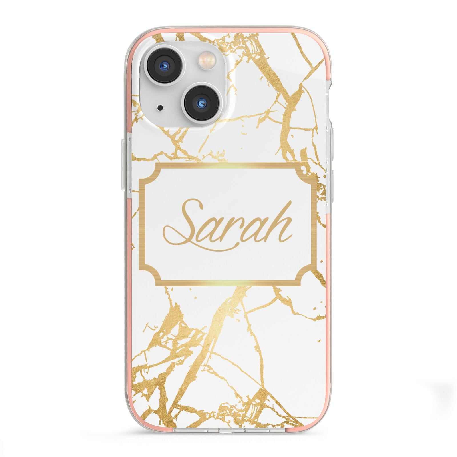 Personalised Gold White Marble Name iPhone 13 Mini TPU Impact Case with Pink Edges