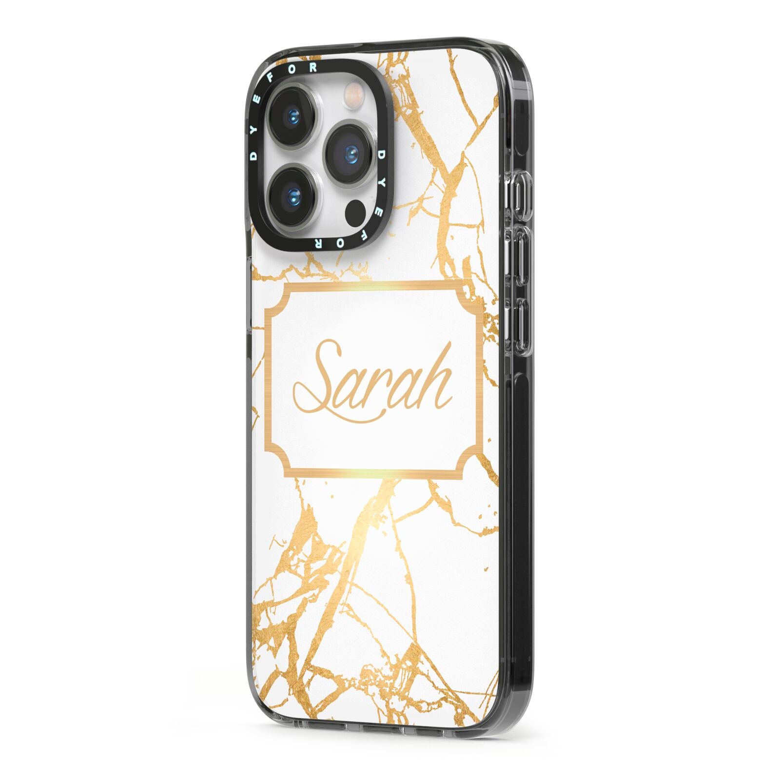 Personalised Gold White Marble Name iPhone 13 Pro Black Impact Case Side Angle on Silver phone