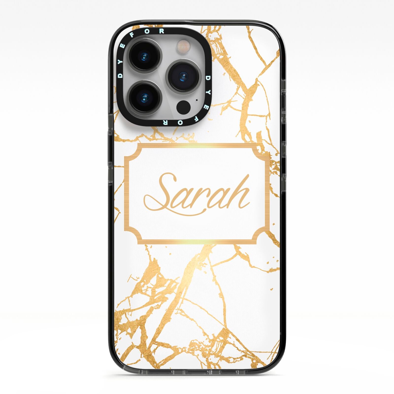 Personalised Gold White Marble Name iPhone 13 Pro Black Impact Case on Silver phone