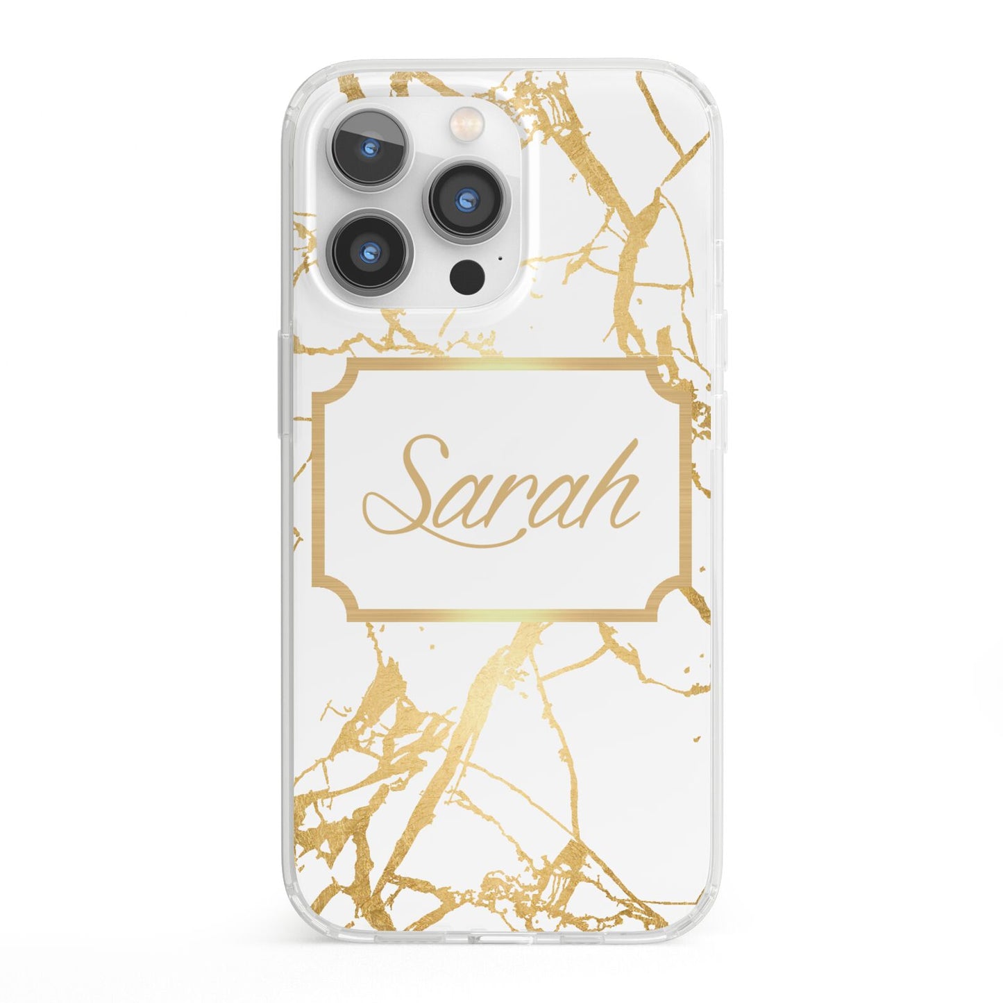 Personalised Gold White Marble Name iPhone 13 Pro Clear Bumper Case