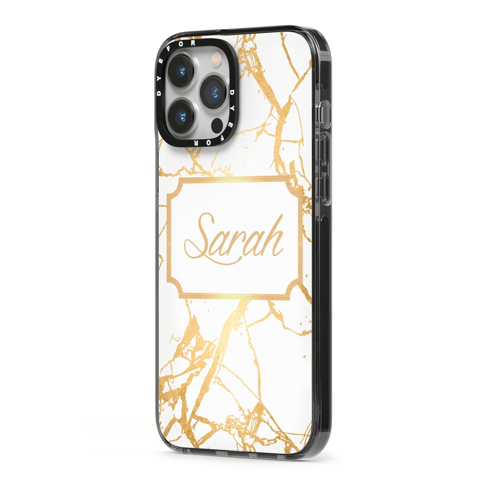 Personalised Gold White Marble Name iPhone 13 Pro Max Black Impact Case Side Angle on Silver phone