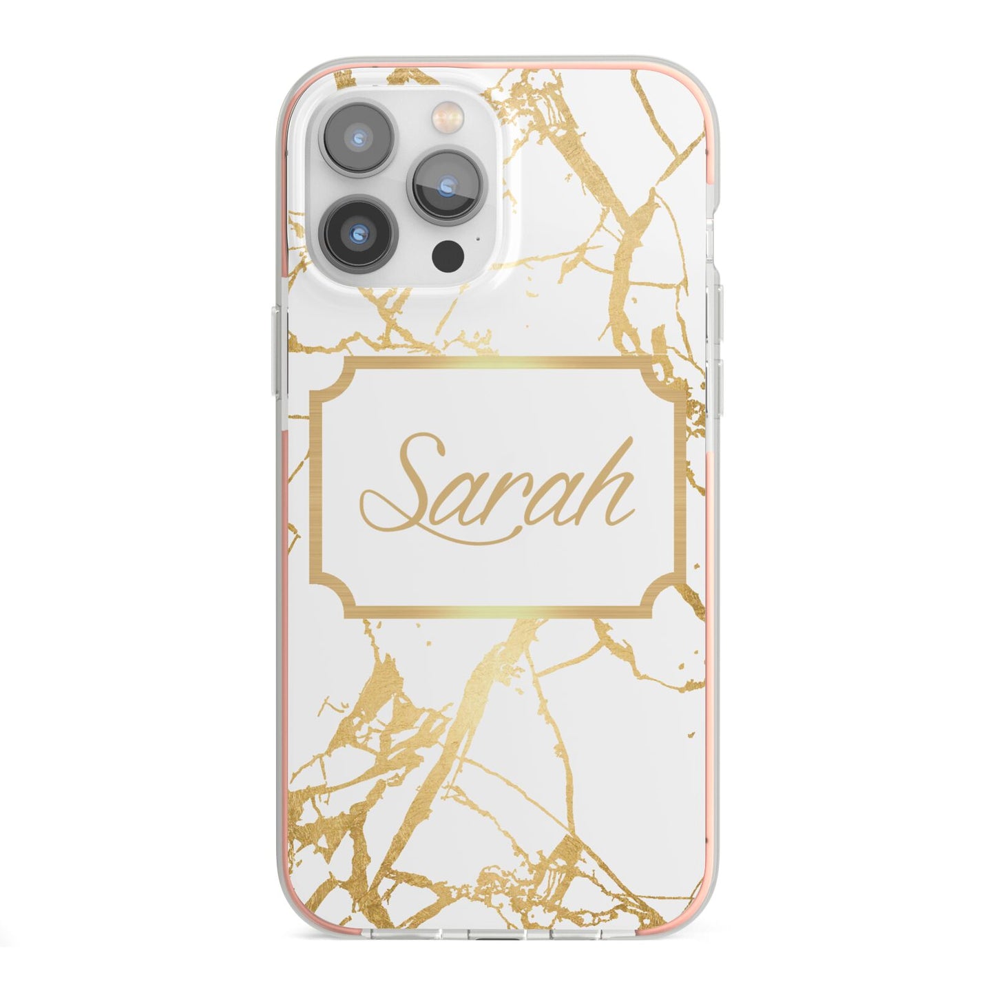 Personalised Gold White Marble Name iPhone 13 Pro Max TPU Impact Case with Pink Edges