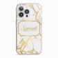 Personalised Gold White Marble Name iPhone 13 Pro TPU Impact Case with Pink Edges