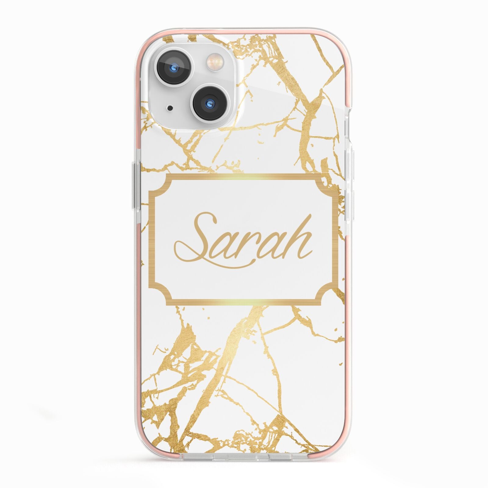 Personalised Gold White Marble Name iPhone 13 TPU Impact Case with Pink Edges