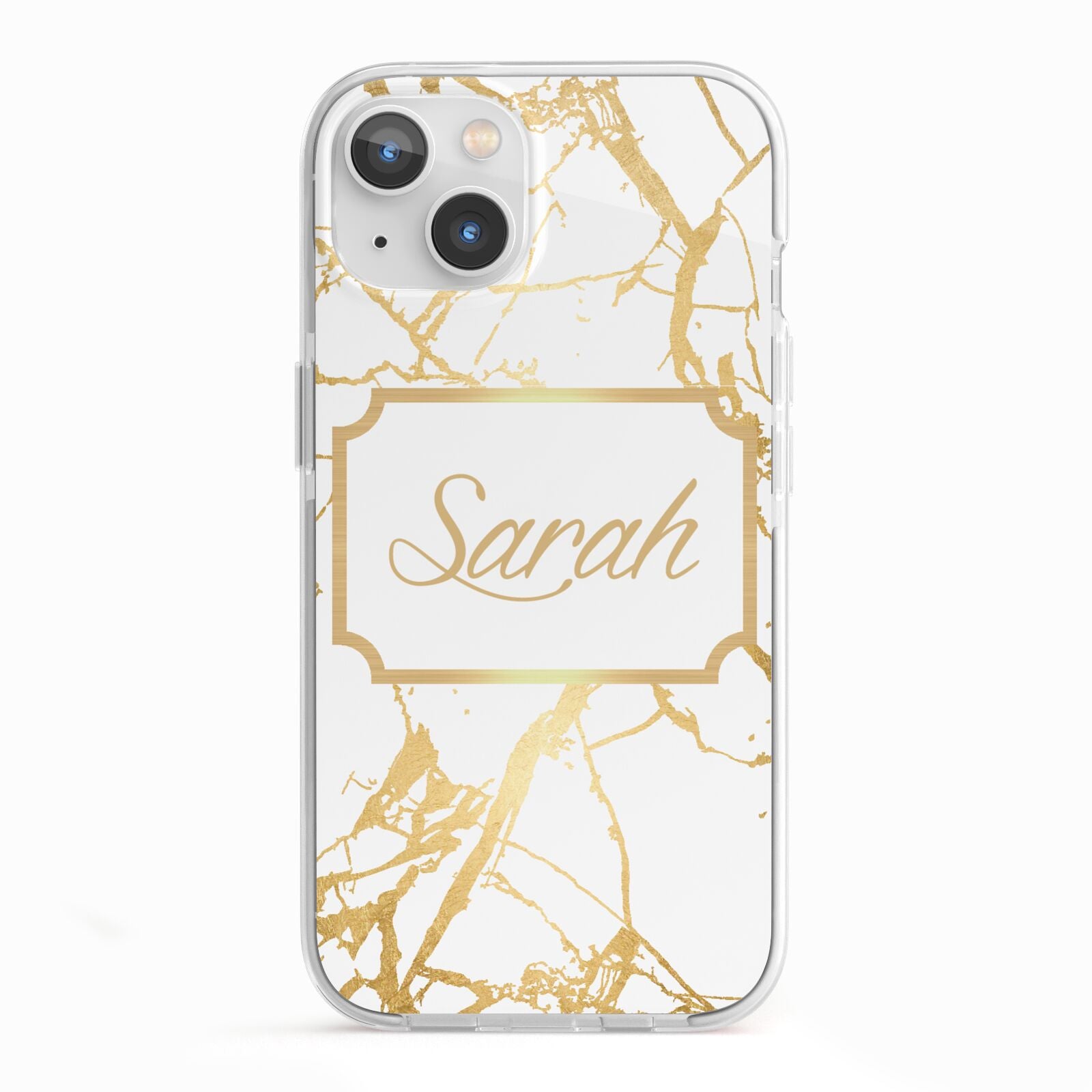 Personalised Gold White Marble Name iPhone 13 TPU Impact Case with White Edges
