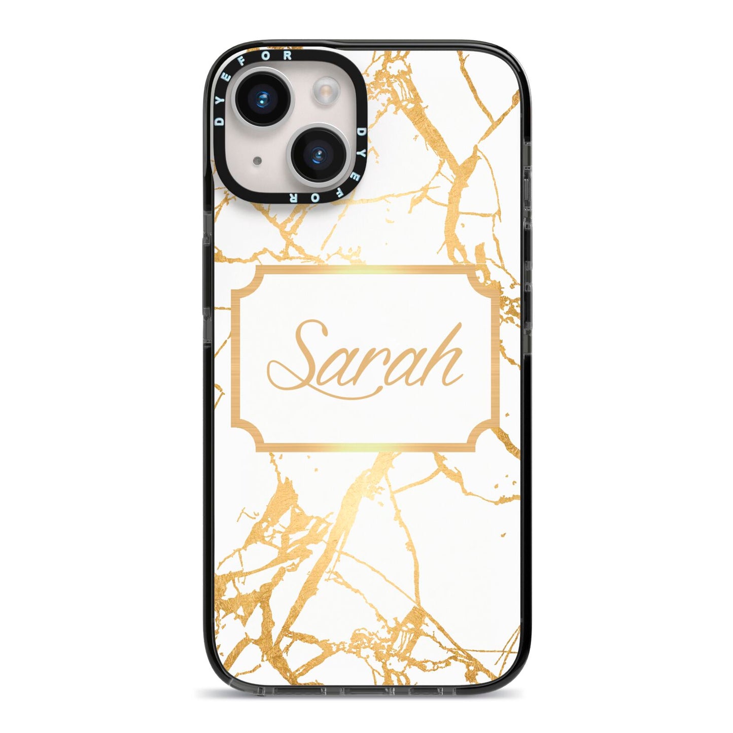 Personalised Gold White Marble Name iPhone 14 Black Impact Case on Silver phone