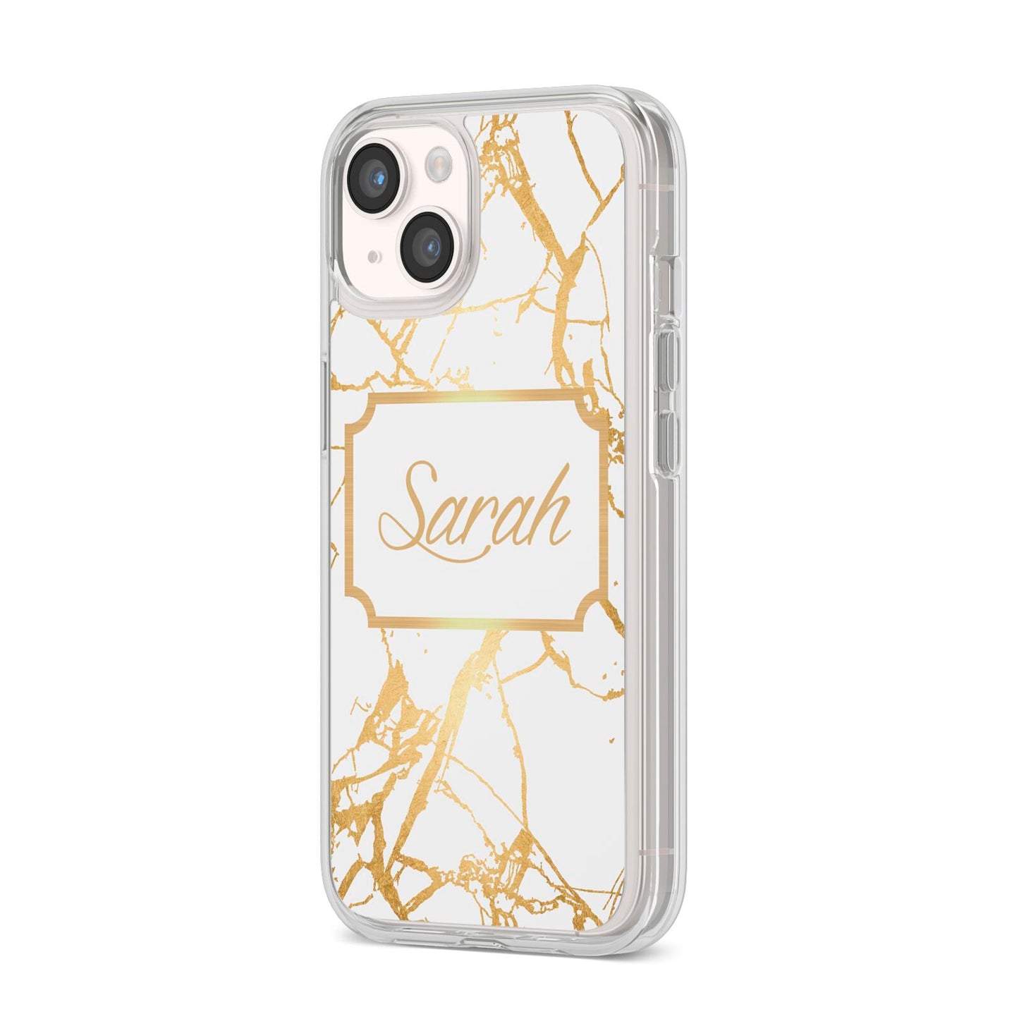 Personalised Gold White Marble Name iPhone 14 Clear Tough Case Starlight Angled Image