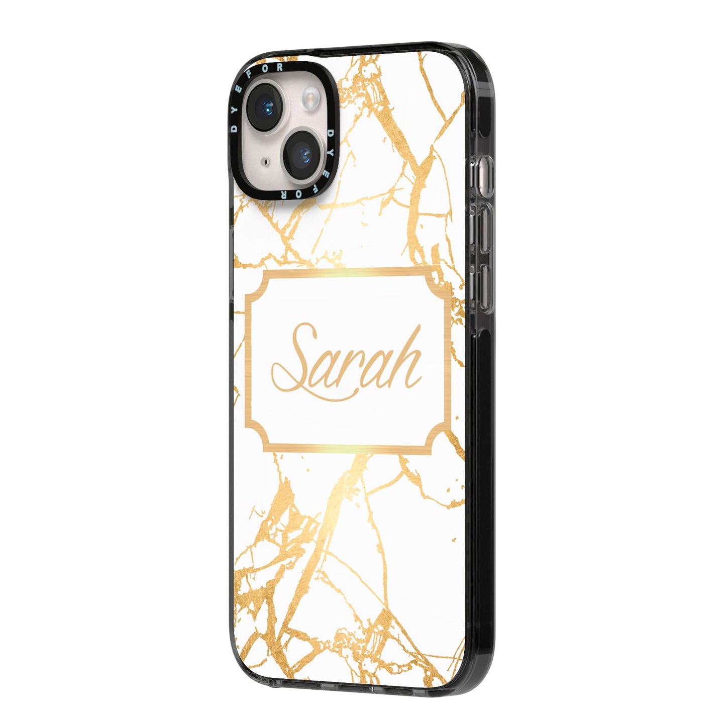 Personalised Gold White Marble Name iPhone 14 Plus Black Impact Case Side Angle on Silver phone