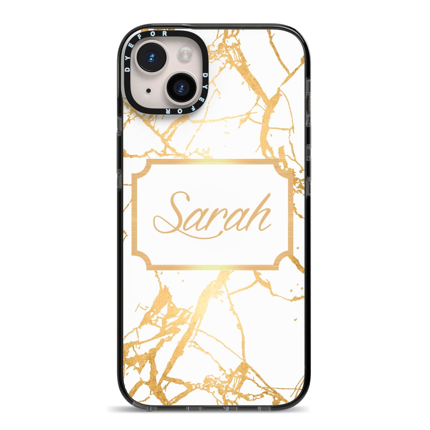 Personalised Gold White Marble Name iPhone 14 Plus Black Impact Case on Silver phone