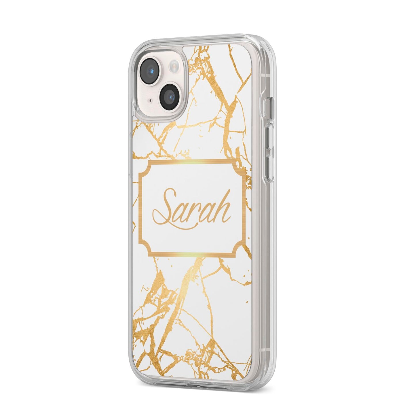 Personalised Gold White Marble Name iPhone 14 Plus Clear Tough Case Starlight Angled Image