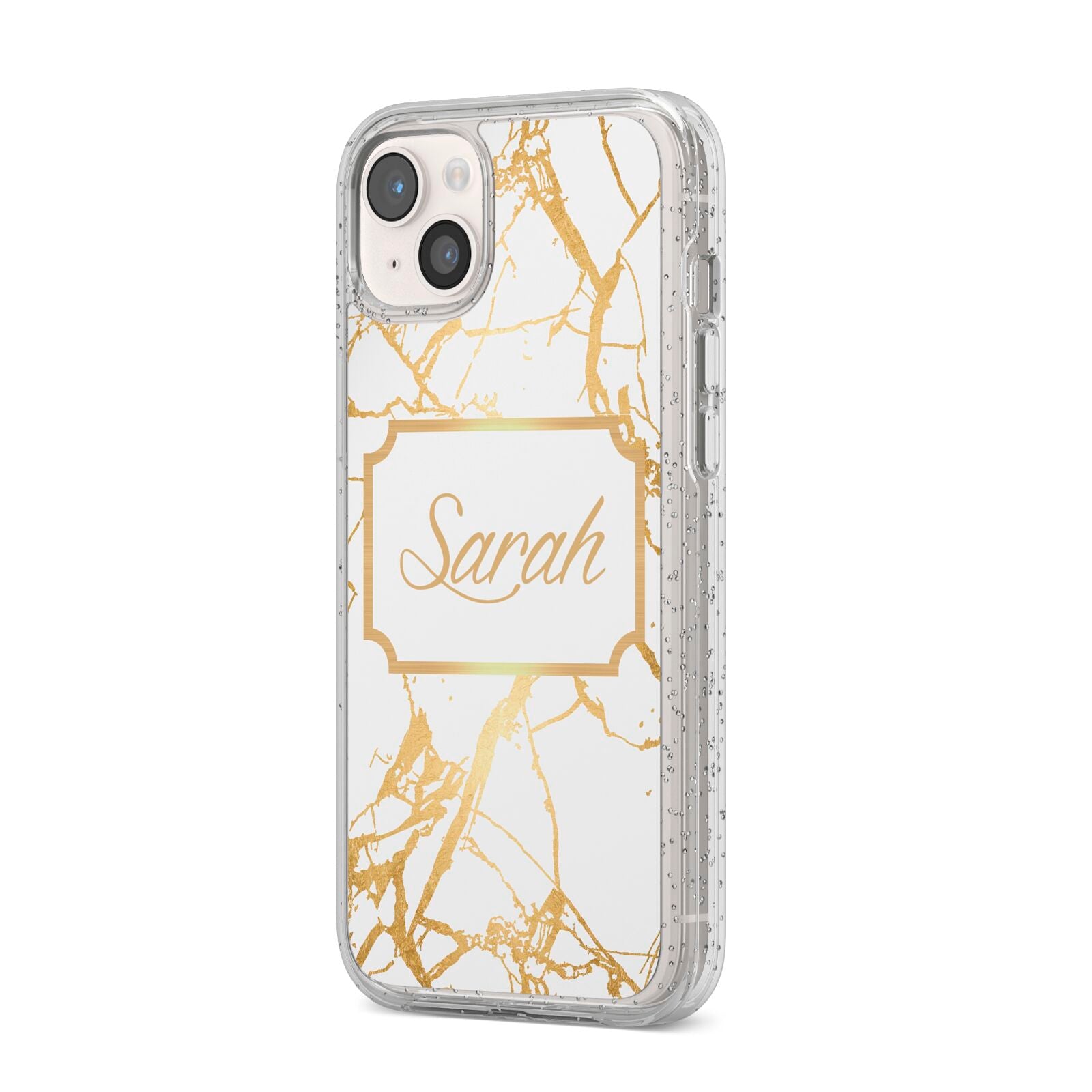 Personalised Gold White Marble Name iPhone 14 Plus Glitter Tough Case Starlight Angled Image