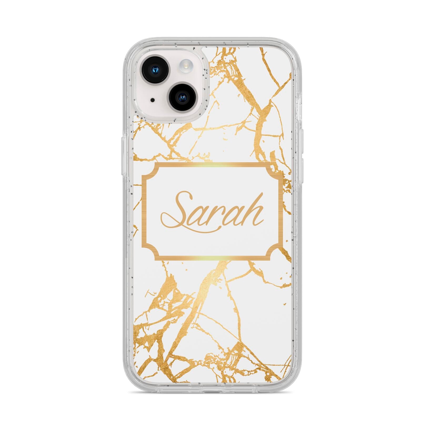 Personalised Gold White Marble Name iPhone 14 Plus Glitter Tough Case Starlight