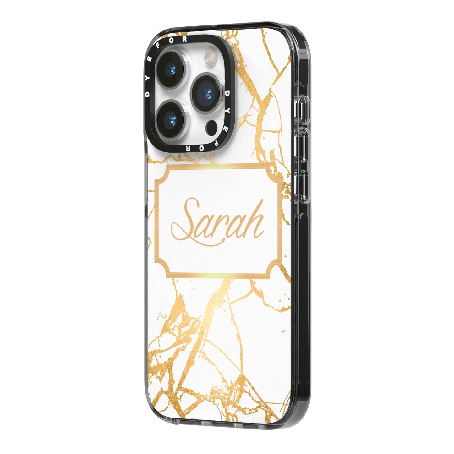 Personalised Gold White Marble Name iPhone 14 Pro Black Impact Case Side Angle on Silver phone