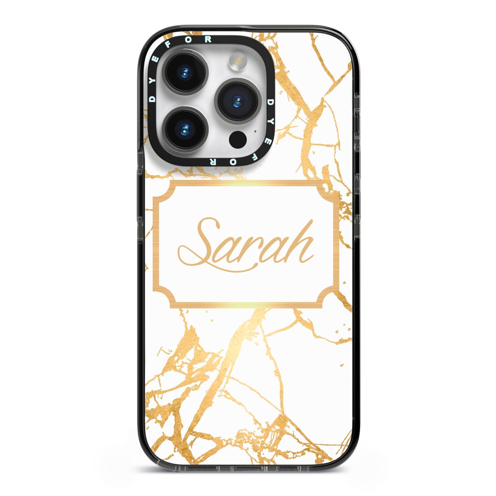 Personalised Gold White Marble Name iPhone 14 Pro Black Impact Case on Silver phone
