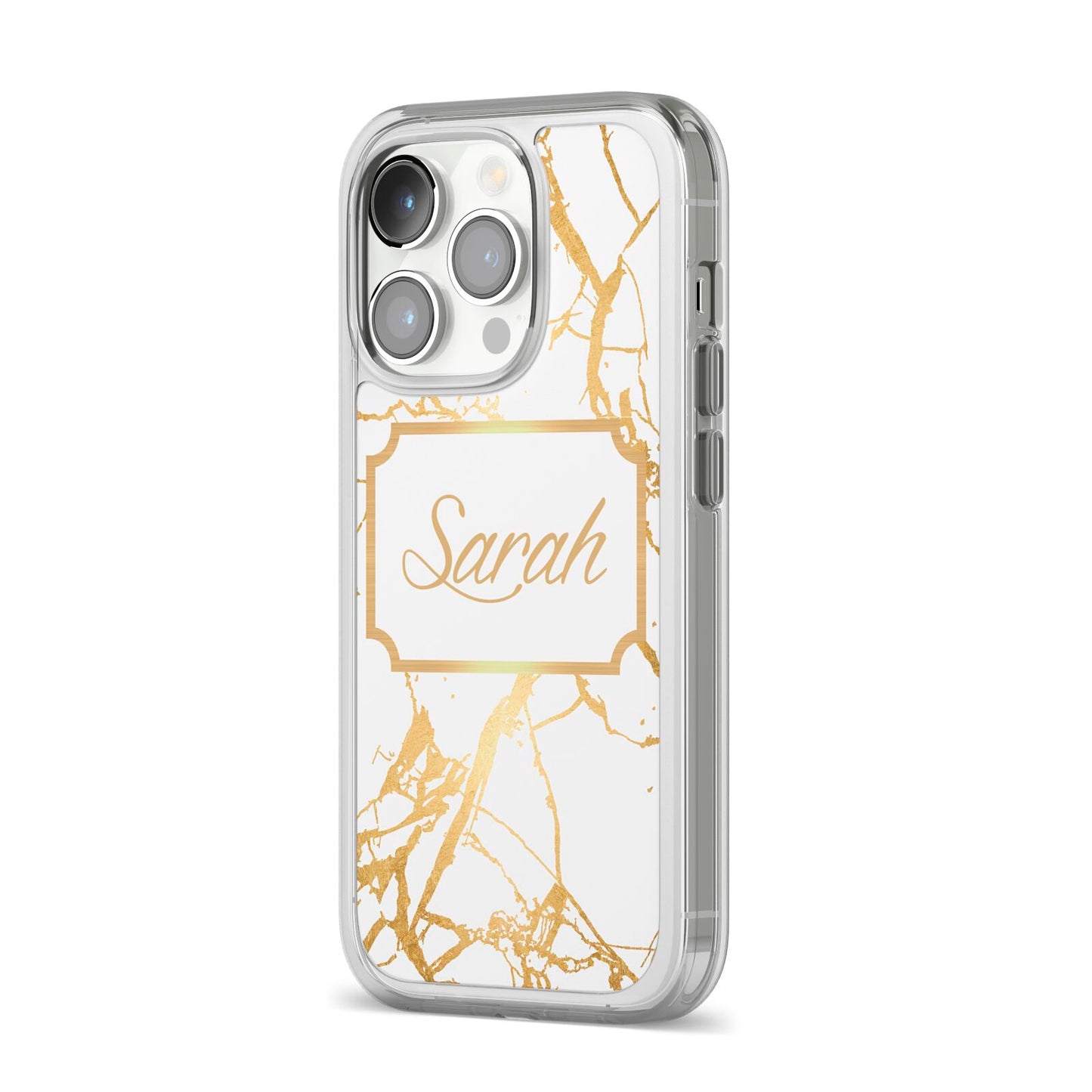Personalised Gold White Marble Name iPhone 14 Pro Clear Tough Case Silver Angled Image