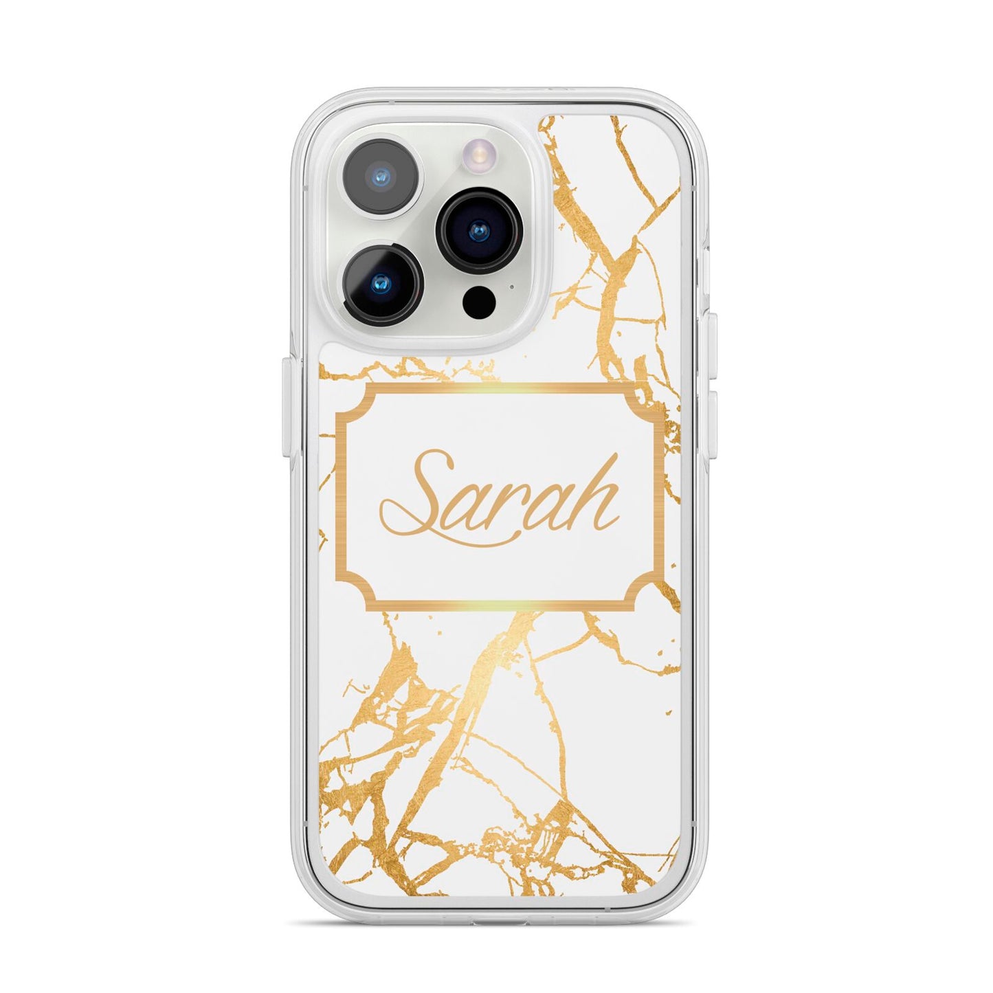 Personalised Gold White Marble Name iPhone 14 Pro Clear Tough Case Silver