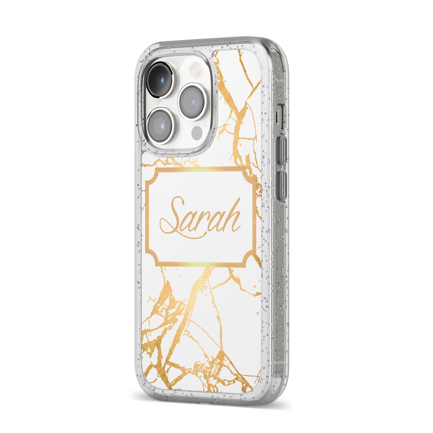 Personalised Gold White Marble Name iPhone 14 Pro Glitter Tough Case Silver Angled Image