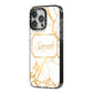 Personalised Gold White Marble Name iPhone 14 Pro Max Black Impact Case Side Angle on Silver phone