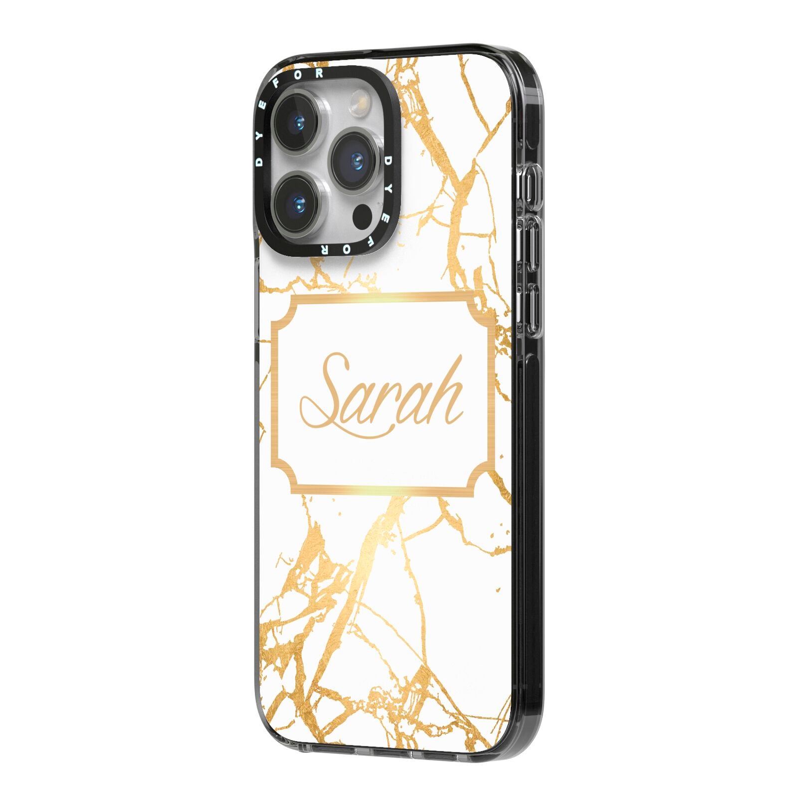 Personalised Gold White Marble Name iPhone 14 Pro Max Black Impact Case Side Angle on Silver phone