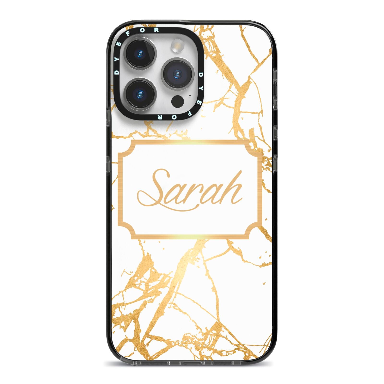 Personalised Gold White Marble Name iPhone 14 Pro Max Black Impact Case on Silver phone